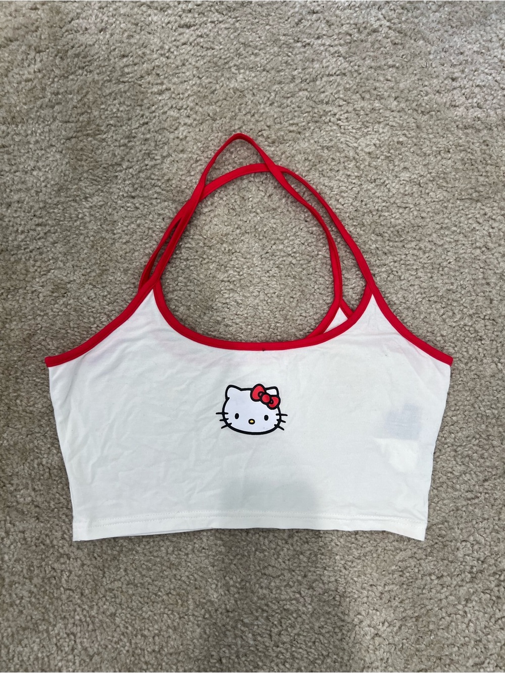 SHEIN White Crop Top with Red Trim and Hello Kitty Patch